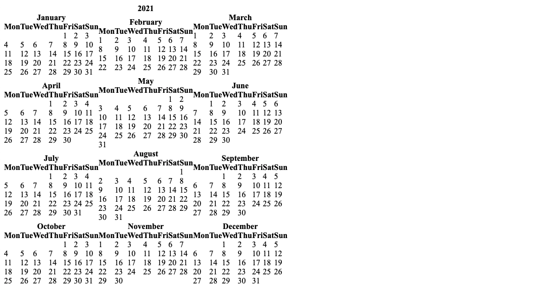 스타일이 적용되지 않은 HTML로 표시된 달력