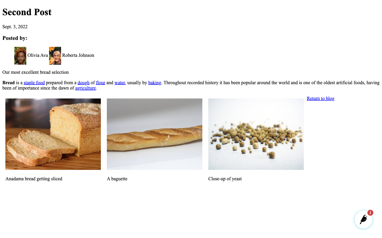 "두 번째 게시물" 페이지, 제목, 날짜, 작성자, 소개, 본문 및 세 개의 이미지 갤러리