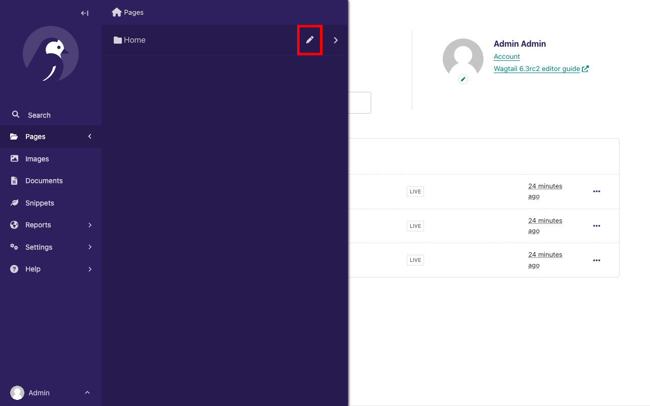 Wagtail 관리자 인터페이스의 확장된 사이드 패널 스크린샷, 홈 페이지의 편집 버튼이 빨간색으로 표시됨
