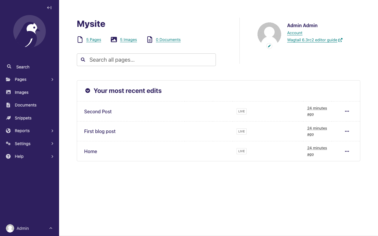 Wagtail 대시보드 스크린샷, "mysite Wagtail CMS에 오신 것을 환영합니다" 제목, 페이지 1개, 이미지 0개, 문서 0개. 아래에는 "가장 최근 편집" 섹션이 있으며 홈 페이지가 나열되어 있습니다.