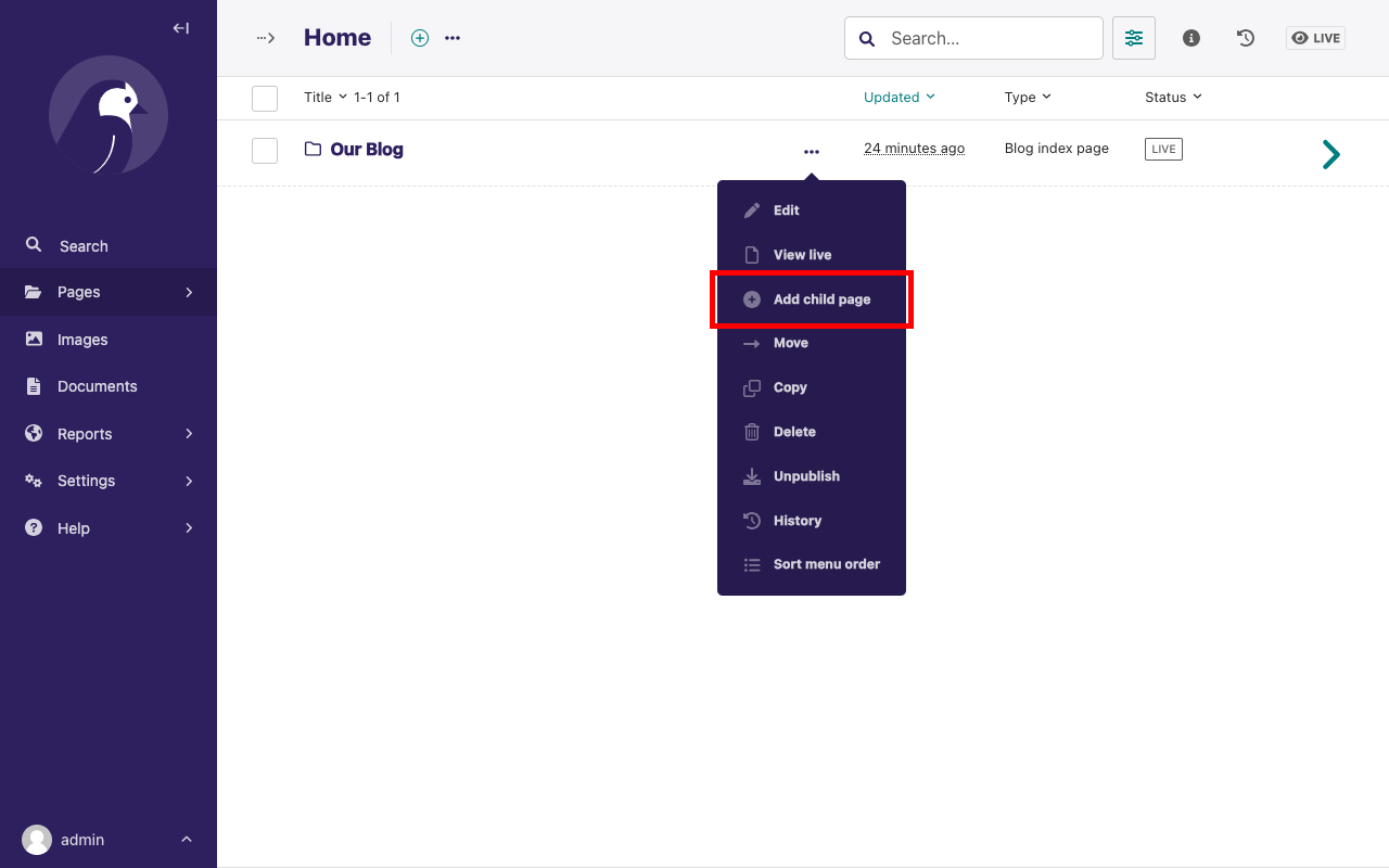 홈 페이지의 페이지 목록, "자식 페이지 추가" 버튼이 빨간색으로 강조 표시됨
