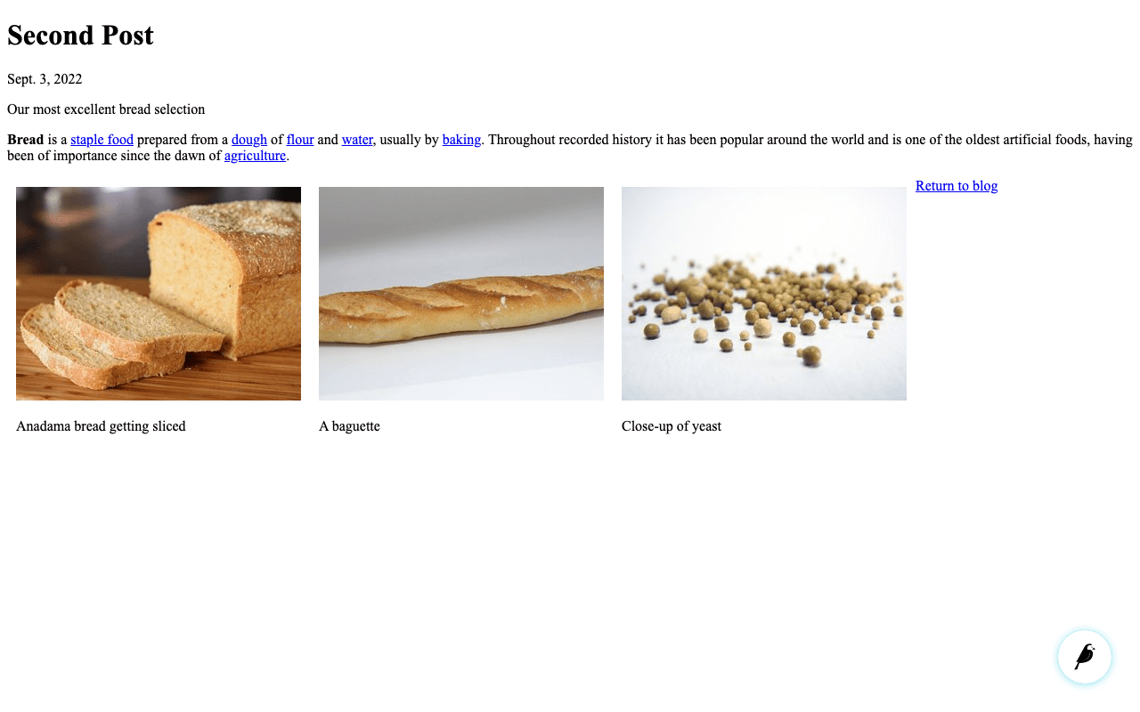 "두 번째 게시물" 페이지, 제목, 날짜, 소개, 본문 및 세 개의 이미지 갤러리