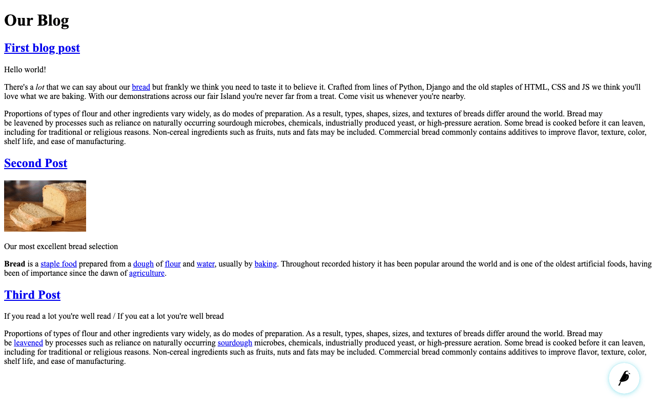 세 개의 블로그가 나열된 기본 블로그 색인 페이지, 제목, 내용