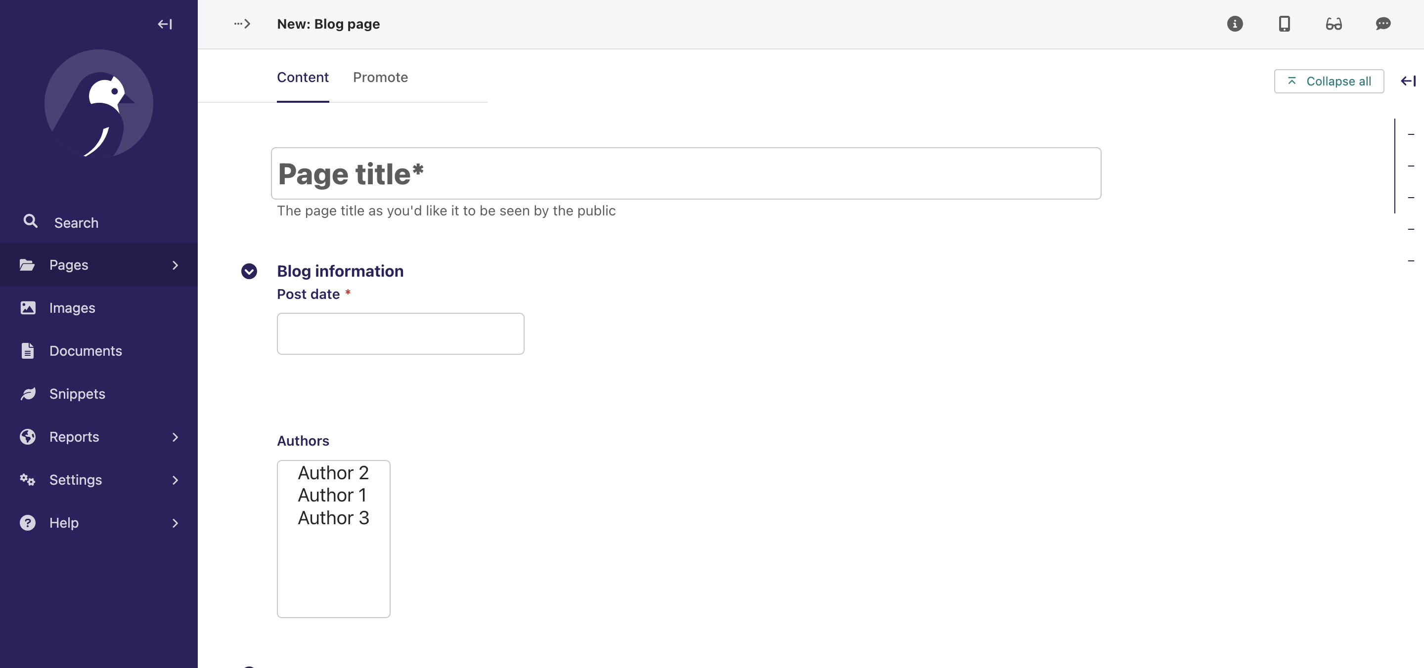 "블로그" 페이지, 블로그 정보 및 작성자 필드
